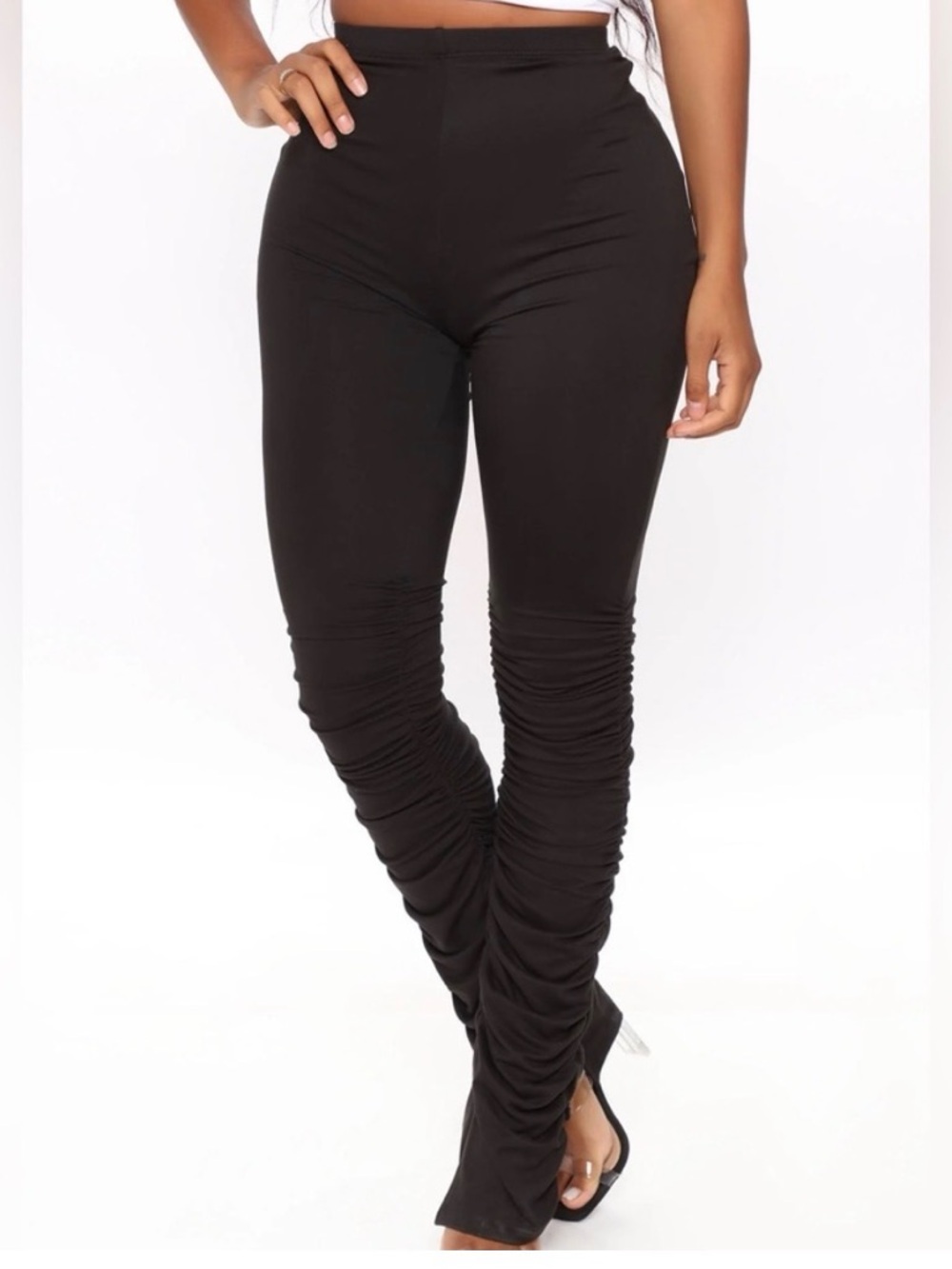 Black Ruched High-Waist Stretch Pants